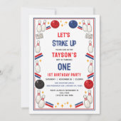 レトロボウリング 1歳の誕生日パーティー – 子供が喜ぶ楽しいパーティー 招待状 (正面)