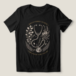レトロボタニカルデザインの聴診器と看護師 トライブレンドTシャツ