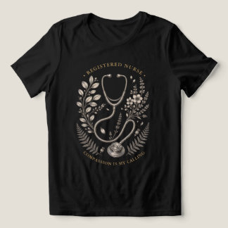 レトロボタニカルデザインの聴診器と看護師 トライブレンドTシャツ