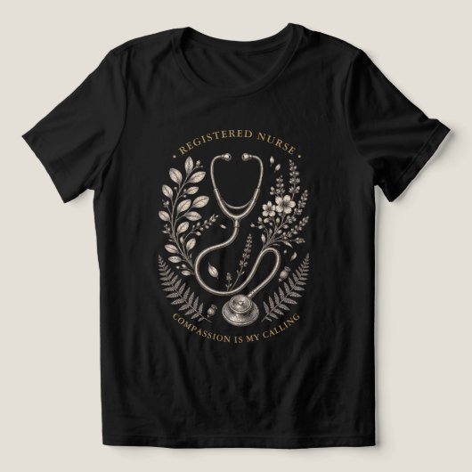 レトロボタニカルデザインの聴診器と看護師 トライブレンドＴシャツ (デザイン正面)