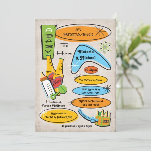 レトロボトルとビールベビーシャワー招待状 招待状 (スタンド正面)