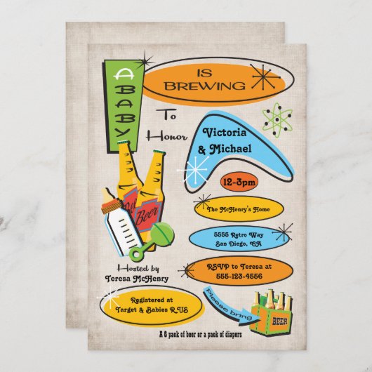 レトロボトルとビールベビーシャワー招待状 招待状 (正面/裏面)