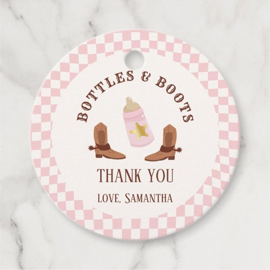 レトロボトルとブーツ女性のカーボーイベビーシャワー フェイバータグ (正面)