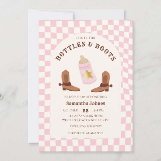 レトロボトルとブーツ女性のカーボーイベビーシャワー 招待状 (正面)