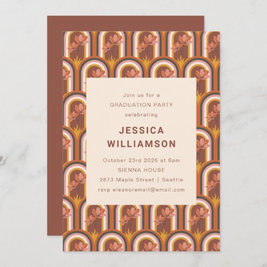 レトロボヘミアンオータムテラコッタフローラ卒業 招待状 (正面/裏面)