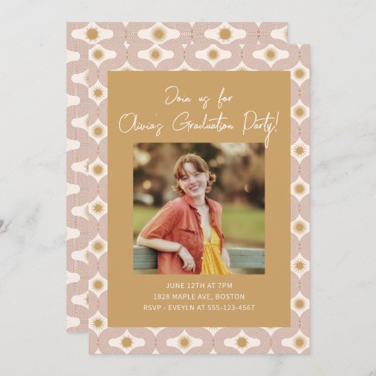 レトロボヘミアンサン日が差すこと写真卒業パーティー 招待状 (正面/裏面)