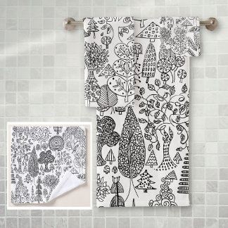 レトロボヘミアン ブラック&ホワイト ツリー柄 バスタオルセット