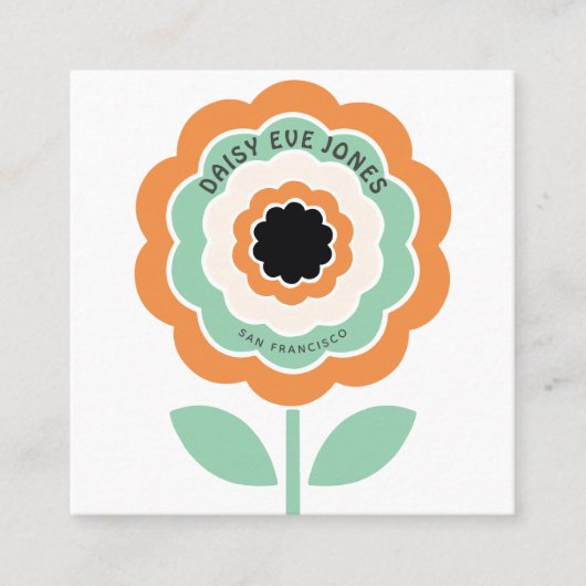レトロボホオレンジブラックグリーンフラワーサークル スクエア名刺 (正面)