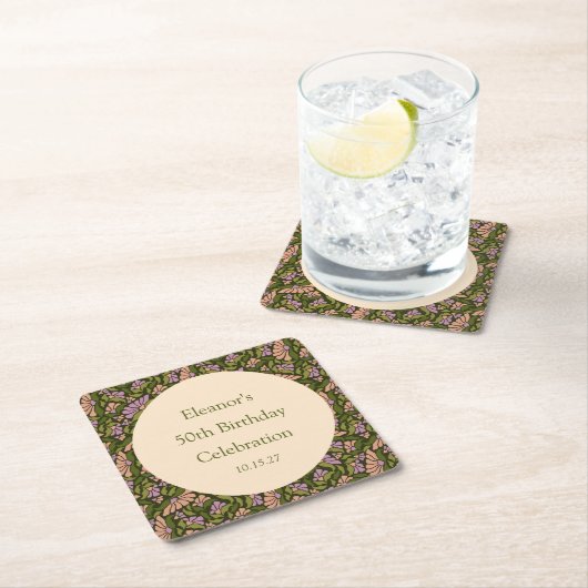 レトロボホグリーンカワイイカスタムフローラ50誕生日 スクエアペーパーコースター (インサイチュ)