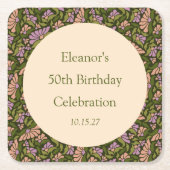 レトロボホグリーンカワイイカスタムフローラ50誕生日 スクエアペーパーコースター (正面)