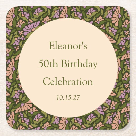 レトロボホグリーンカワイイカスタムフローラ50誕生日 スクエアペーパーコースター (正面)