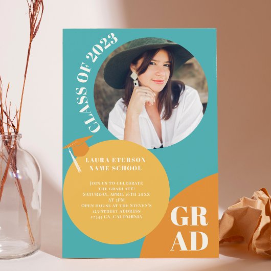 レトロボホサークルブルーマスタード5枚の写真卒業 招待状