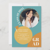 レトロボホサークルブルーマスタード5枚の写真卒業 招待状 (正面)