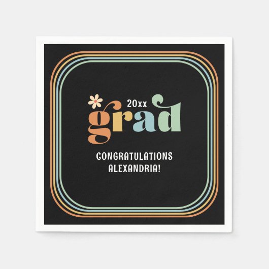 レトロボホデイジー2025グラッドブラックパーティーナプキンス スタンダードカクテルナプキン (正面)