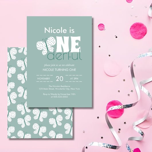 レトロボホバタフライ1stバースデーダスティブルー 招待状