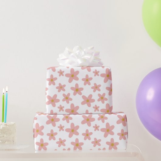 レトロボホピンクアンドホワイトデイジーズ ラッピングペーパー (パーティーギフト)