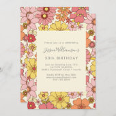 レトロボホピンクイエローフローラグルーヴィ50誕生日 招待状 (正面/裏面)