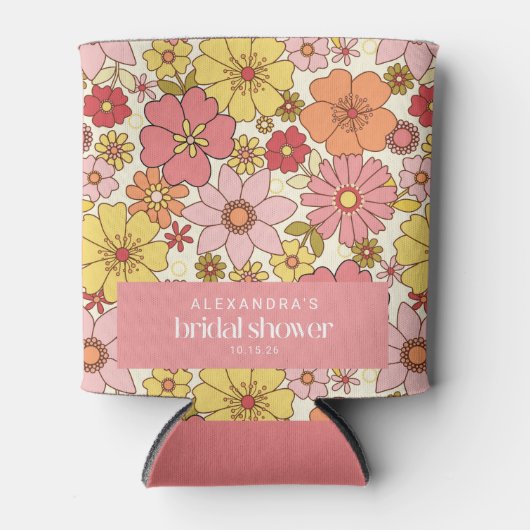 レトロボホピンクイエローフローラブライダルシャワーカスタム 缶クーラー (正面)