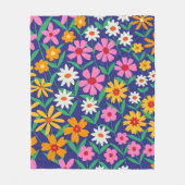 レトロボホピンクオレンジの花のパターンはネイビーブルー フリースブランケット (正面)