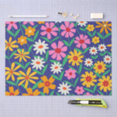 レトロボホピンクオレンジの花のパターンはネイビーブルー 薄葉紙 (クラフト)