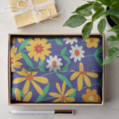 レトロボホピンクオレンジの花のパターンはネイビーブルー 薄葉紙 (ギフト)