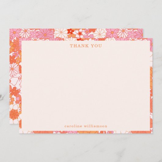 レトロボホピンクオレンジの花パーソナライズされた名 サンキューカード (正面/裏面)