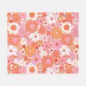 レトロボホピンクオレンジフローラかわいい花 フリースブランケット (正面(横))