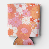 レトロボホピンクオレンジフローラかわいい花 缶クーラー (正面)