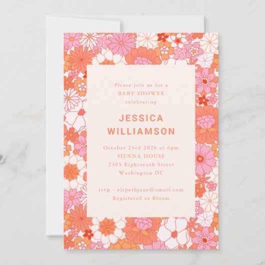 レトロボホピンクオレンジフローラかわいい赤ちゃんシャワー 招待状 (正面)
