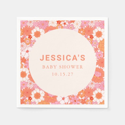 レトロボホピンクオレンジフローラカスタムベビーシャワー スタンダードカクテルナプキン (正面)