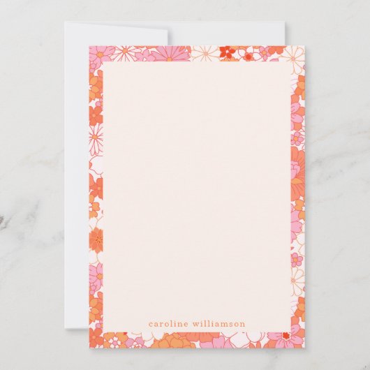 レトロボホピンクオレンジフローラパーソナライズされた名 ノートカード (正面)