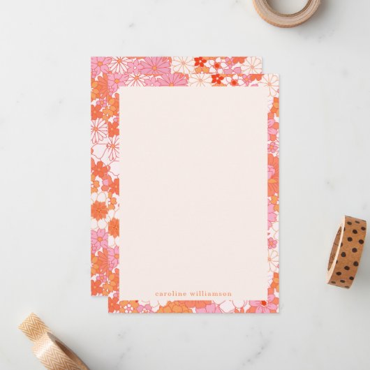 レトロボホピンクオレンジフローラパーソナライズされた名 ノートカード (正面/裏面インサイチュ)