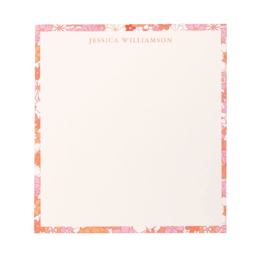 レトロボホピンクオレンジフローラパーソナライズされた名 ノートパッド (正面)