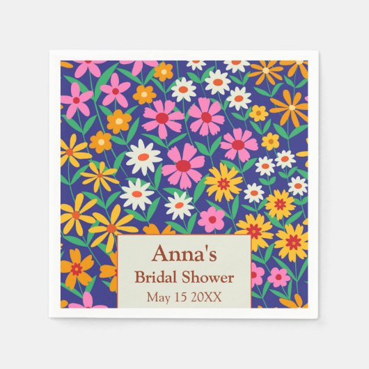 レトロボホピンクオレンジフローラブライダルシャワー スタンダードカクテルナプキン (正面)