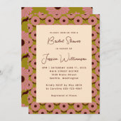 レトロボホピンクグリーンフラワーグルーヴィーブライダルシャワー 招待状 (正面/裏面)