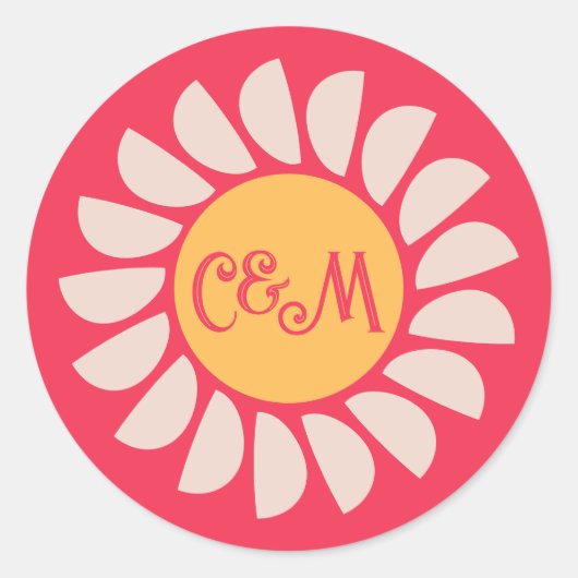 レトロボホピンク&オレンジフローラズ結婚モノグラム ラウンドシール (正面)