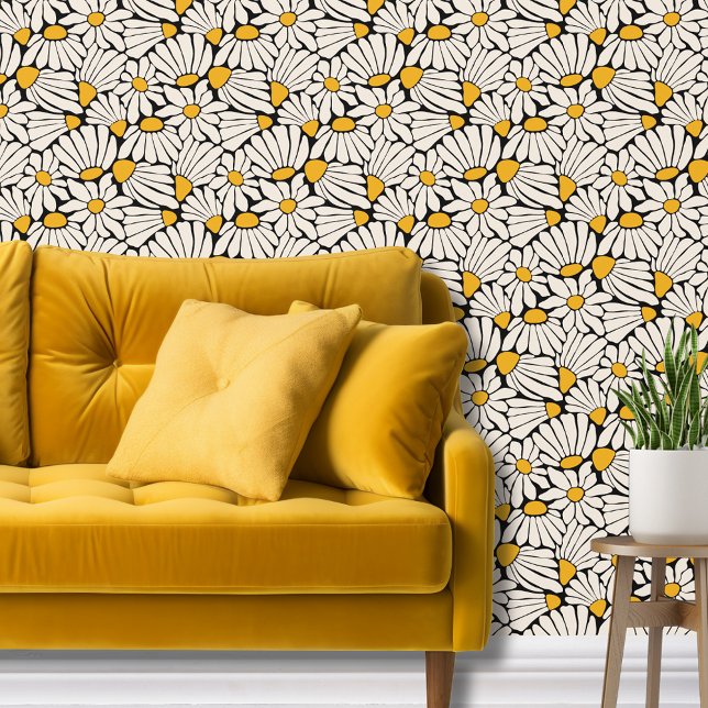 レトロボホブラックイエロー植物性抽象芸術フローラ 壁紙 (Modern block print daisy floral wallpaper with a retro vibe in black, mustard yellow and cream.)