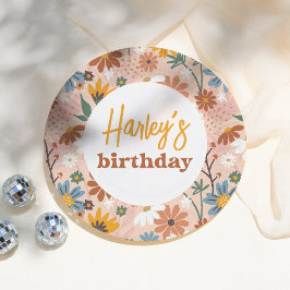 レトロボホワイルドフラワーガールバースデーパーティー ペーパープレート