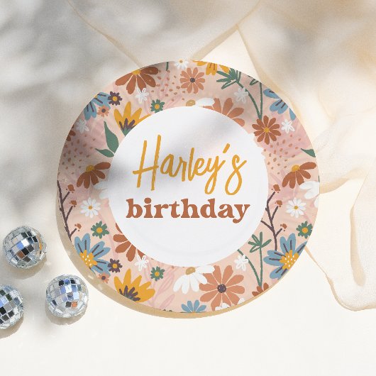 レトロボホワイルドフラワーガールバースデーパーティー ペーパープレート