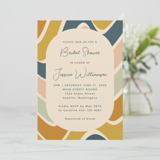 レトロボホ抽象芸術ウェーブパステルティール(緑がかった色)ブライダルシャワー 招待状 (スタンド正面)