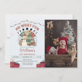 レトロボホ雪だるまクリスマスツリー誕生日写真 招待状 (正面)