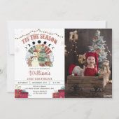 レトロボホ雪だるまクリスマスツリー誕生日写真 招待状 (正面)