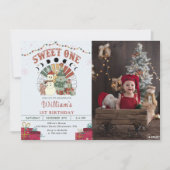 レトロボホ雪だるまクリスマスツリー1st誕生日 招待状 (正面)