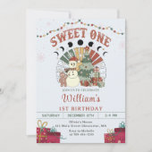 レトロボホ雪だるまクリスマスツリー1st誕生日 招待状 (正面)