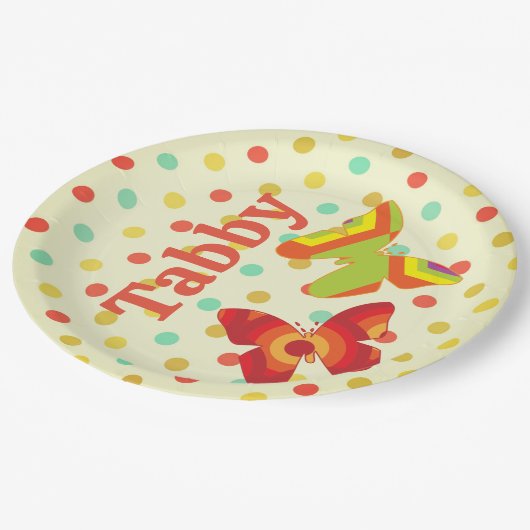 レトロボホ70の水玉模様ストライプバタフライオレンジ ペーパープレート (アングル)