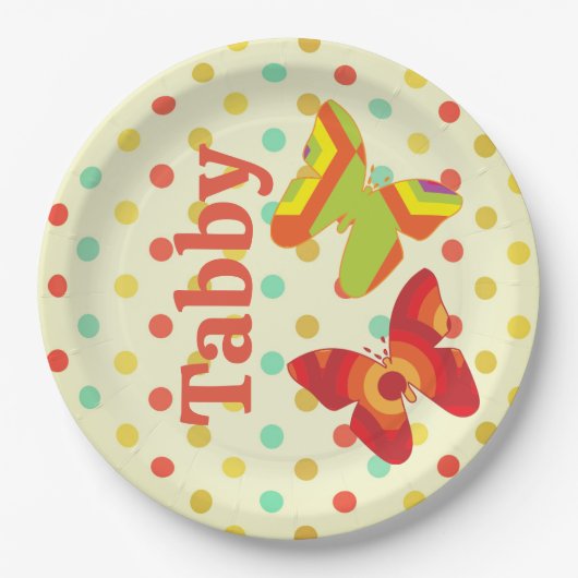 レトロボホ70の水玉模様ストライプバタフライオレンジ ペーパープレート (正面)