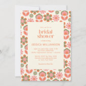 レトロボホ70sフラワーピンク緑ブライダルシャワー 招待状 (正面)