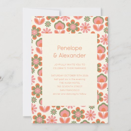 レトロボホ70s花ピンク結婚グリーン 招待状 (正面)