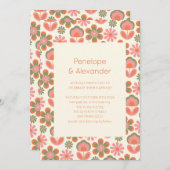 レトロボホ70s花ピンク結婚グリーン 招待状 (正面/裏面)