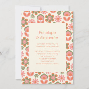 レトロボホ70s花ピンク結婚グリーン 招待状